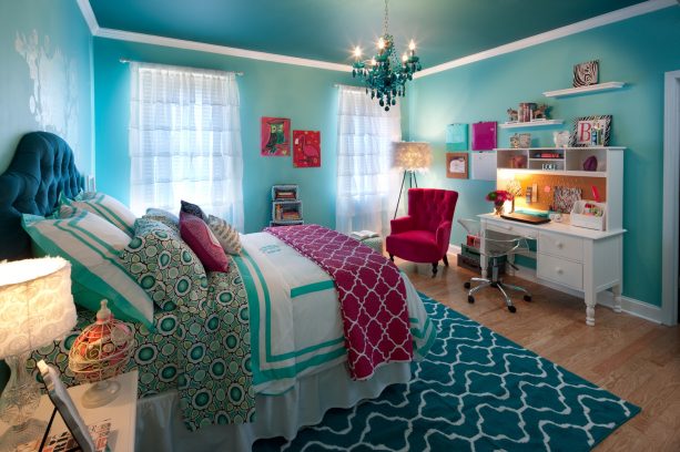 a girly bedroom that lets largo teal marry purple and create a beautiful private oasis