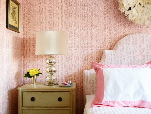 a pink wallpaper and a lovely savannah stripe headboard can easily beautify a girl’s bedroom