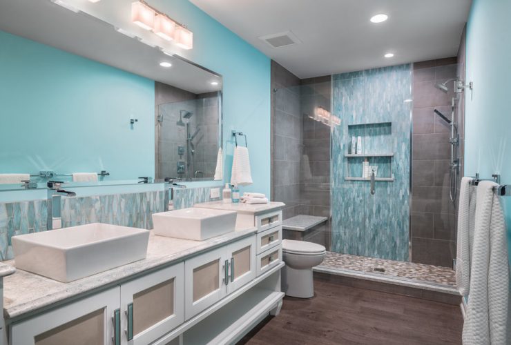 blue tiles can create a nice pop in the middle of a gray area