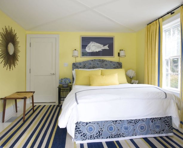 yellow walls with various blue shades makes a room marvelously eclectic