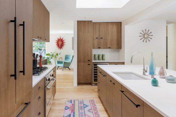 after remodel a ranch kitchen with white caesarstone countertops