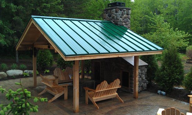 a steel roof patio cover design on a timber-framed structure