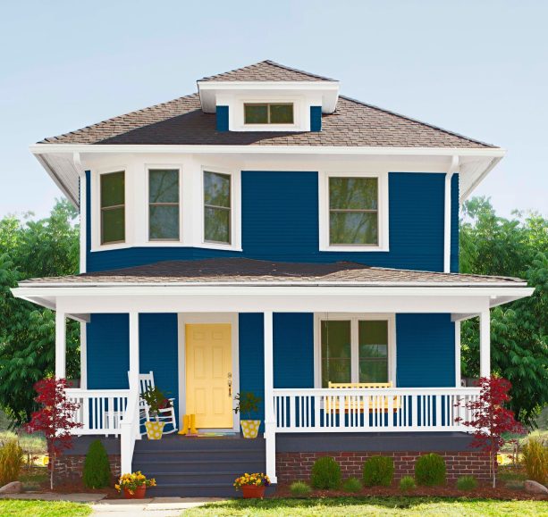a classic valspar indigo steamer #4010-4 blue house complemented by a valspar dreamy caramel #3003-4a yellow door
