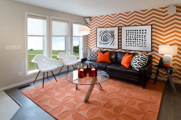 a combination of a smooth orange carpet and a grey wall gives birth to a strikingly beautiful living room