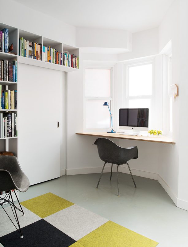 a contemporary bay window would welcome a built-in desk with no legs to its surroundings with open hands