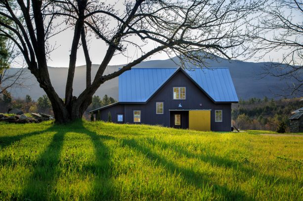 a cottage with a massive blue roof and black walls with a yellow barn door