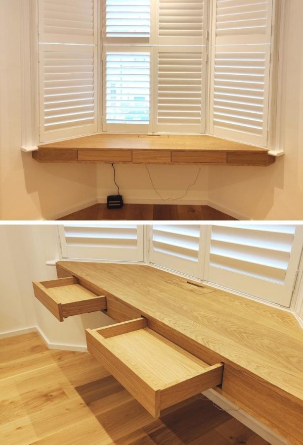 a floating wooden bay window desk with hidden drawers is an innovative furniture piece to have