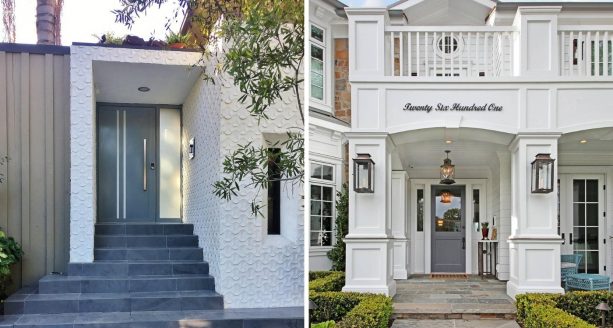 grey front doors combined beautifully with white walls prove the two colors are a pairing made in home design heaven