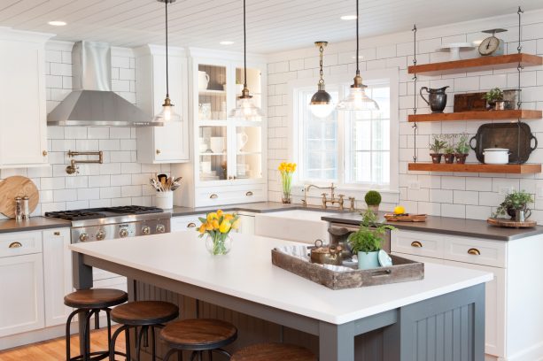 the brightness that dura supreme storm gray island cabinet and white wall cabinets accentuated by yellow pops create blinds the beholders in a very pleasant way