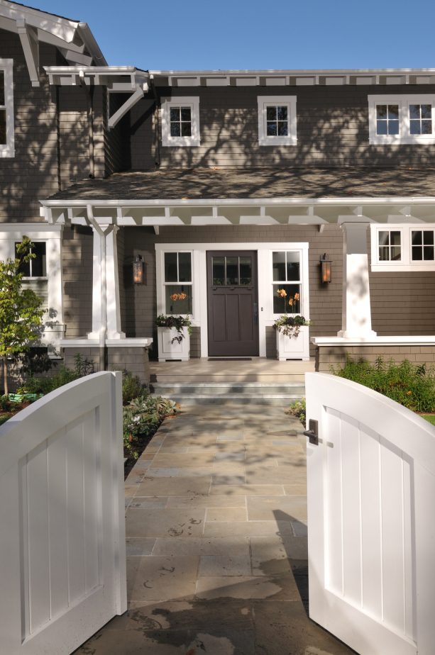 when a custom-colored cedar shingle siding and a grey front door are painted using a mix of benjamin moore paint colors grace a craftsman entry