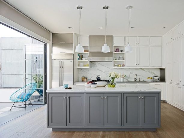 when classic white wall cabinetry meets soft gray island cabinets in an l-shaped transitional kitchen