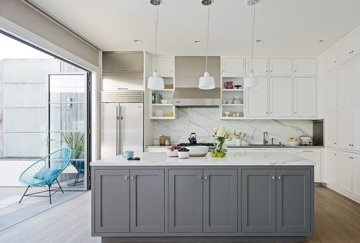 when classic white wall cabinetry meets soft gray island cabinets in an l-shaped transitional kitchen
