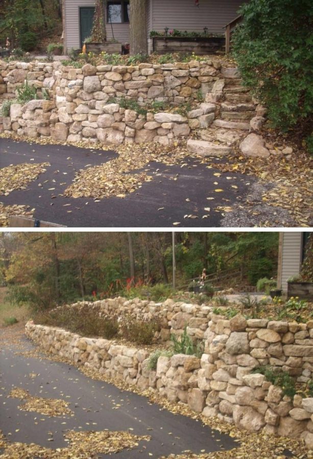 a built-in stairway improves the functionality of a limestone rip rap retaining wall in front of a traditional house