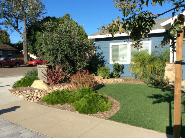 a drought-tolerant corner lot landscaping idea for a craftsman residence