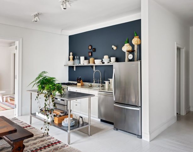 a really modern-looking kitchen with side by side navy and white walls