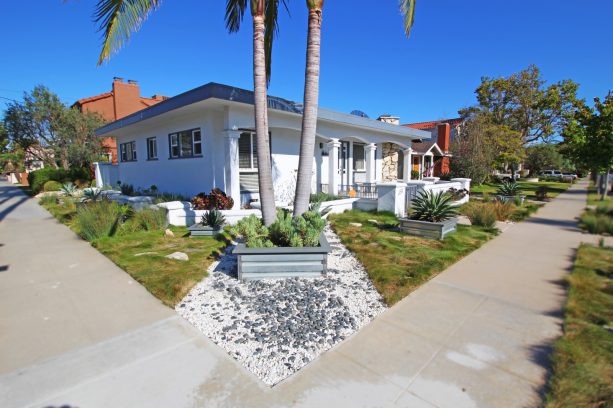 palm trees in a pot make an unflashy yet very interesting corner lot landscaping idea