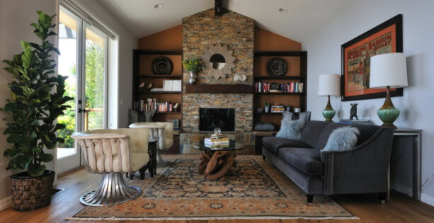 a pratt & lambert koala brown wall combined with a stone veneer one makes a warm-toned two accent walls