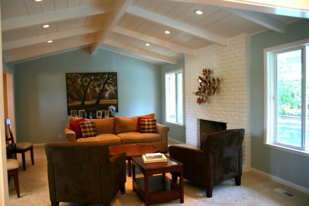 a white brick accent wall in a bedroom with walls painted in benjamin moore heavenly peace #746