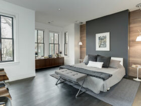 admonter wooden walls sandwiching a benjamin moore nightfall one to form a gorgeous two-accent wall