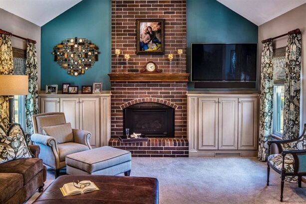 two accent walls as a vessel of transitional beauty of brick and dark aqua paint