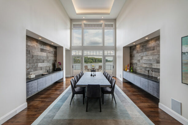 two side wood plank accent walls with built-in floating cabinets