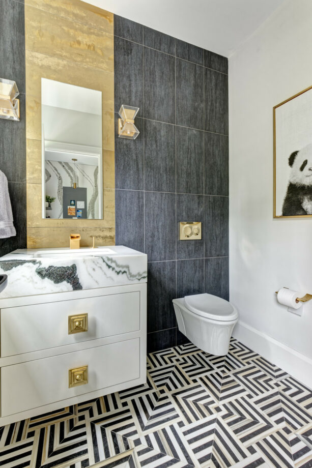 when two accent walls made of grey and gold tiles combine and beautify a transitional bathroom