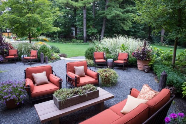 a crushed stone patio with a carpet of decomposed bluestone