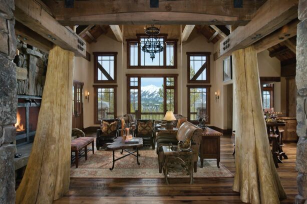 a living room with beige walls deserves rustic knotty alder window trims to frame its windows