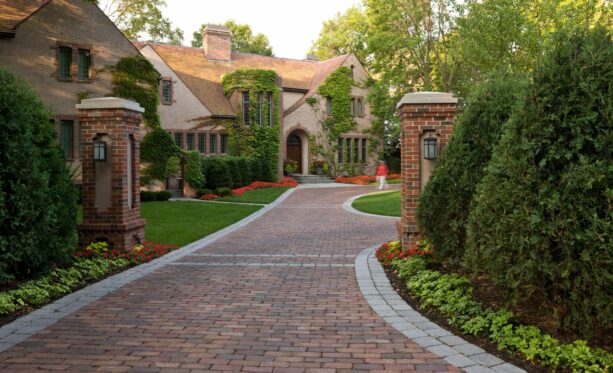 an idea that contrasts recycled red brick paver against grey double edging