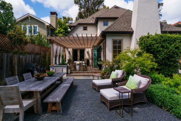 an open crushed stone patio with a pulverized basalt floor