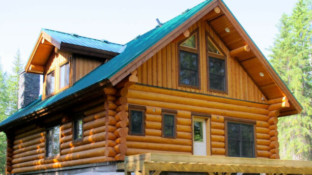 dark wood rustic window trims make a statement on a log exterior