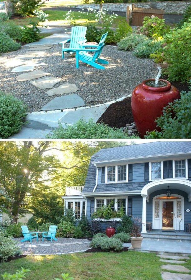 gravel crushed stone patio with granite block curbing stone edging