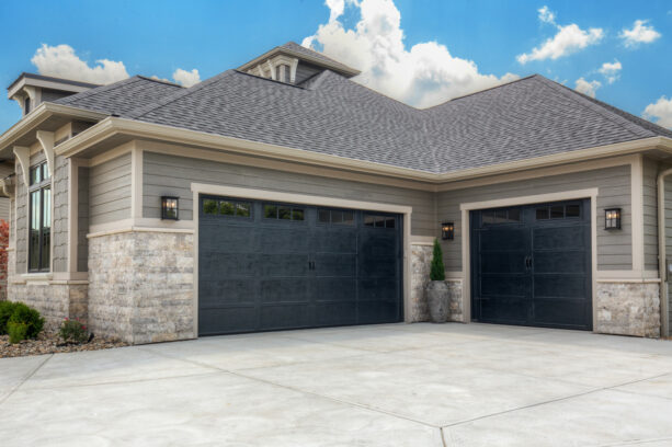 navy blue garage doors deserve light grey craftsman trims