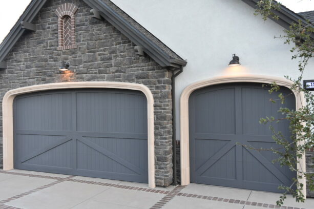 special cream corner-less colonial garage door trims enhance a rustic parking space