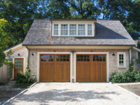 twin minimalistic garage door trims for a big parking space
