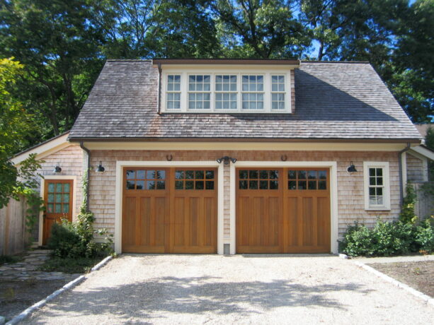 twin minimalistic garage door trims for a big parking space