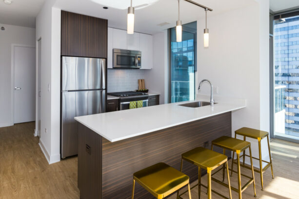 a dark wood peninsula accompanied by golden dining chairs in a galley kitchen