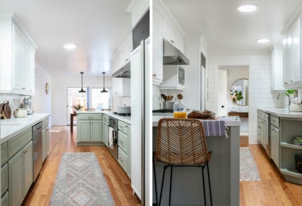 a galley kitchen housing a green peninsula with a quartz countertop