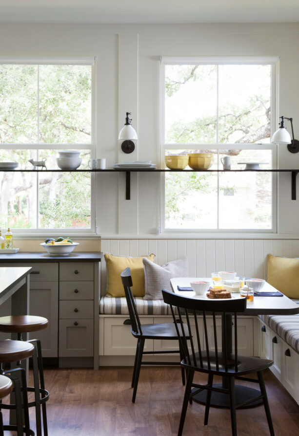 a modern farmhouse kitchen approves a dark fixed bracket window shelf