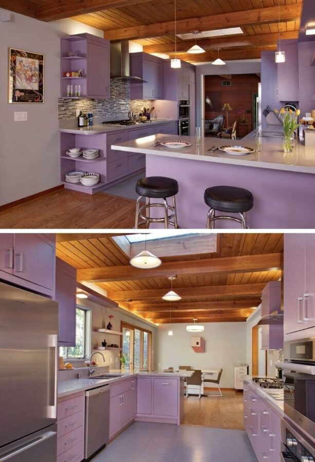 a purple peninsula in a contemporary galley kitchen