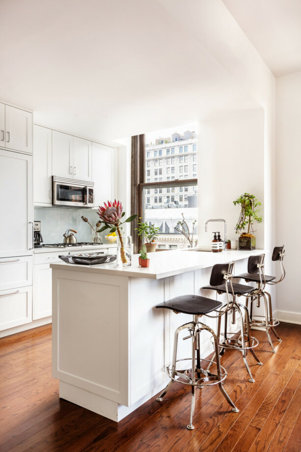 a transitional galley kitchen housing a bright white peninsula