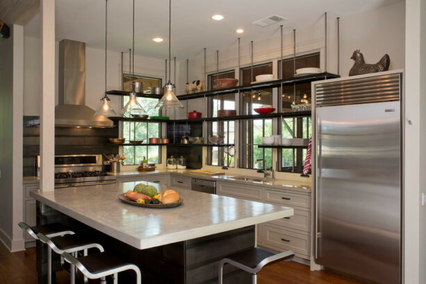 l-shaped steel window shelves enhance the aesthetics of a contemporary kitchen